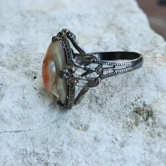 Antique Victorian sterling blister pearl ring SZ 6.75 - Picture 2 of 7